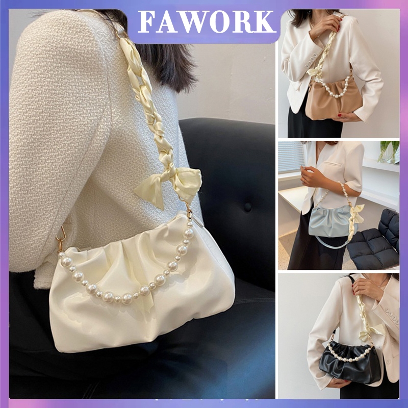 FAWORK [พร้อมส่ง] กระเป๋าสะพายไหล่ หนัง Pu แต่งจับจีบ สีพื้น สําหรับผู้หญิง (005191)