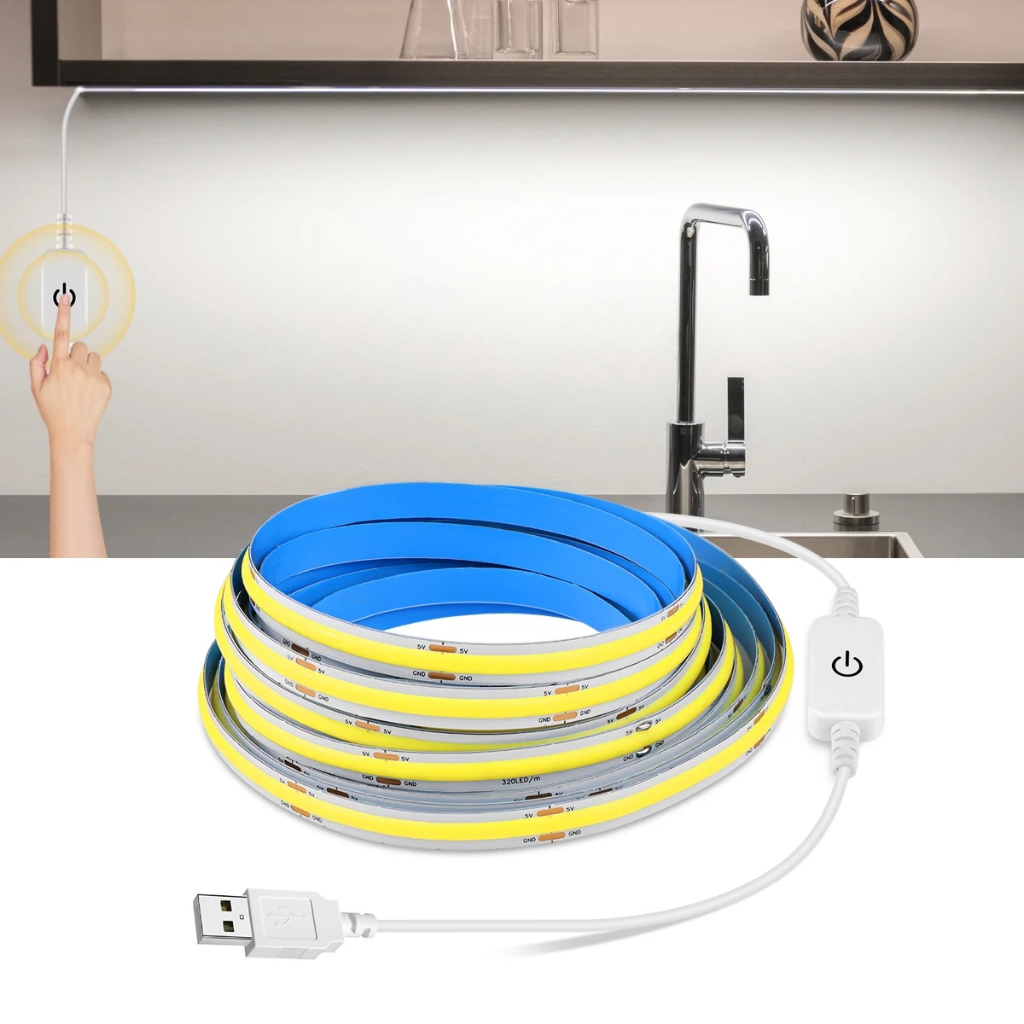 แถบไฟ LED COB 5V ยืดหยุ่น สว่างมาก พร้อมสวิตช์เซนเซอร์สัมผัส หรี่แสงได้ สําหรับตกแต่งห้องครัว
