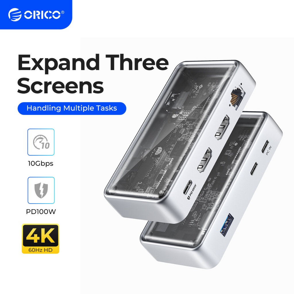 Orico USB C แท่นขยายประเภท C ถึง 4K60Hz DP HDMI Com 3 จอแสดงผลที่แตกต่างกัน RJ45 PD 7 in 1 multi-audio 10Gbps HUB พร้อมพอร์ตเครือข่ายแบบมีสาย 2.5G (TM10)