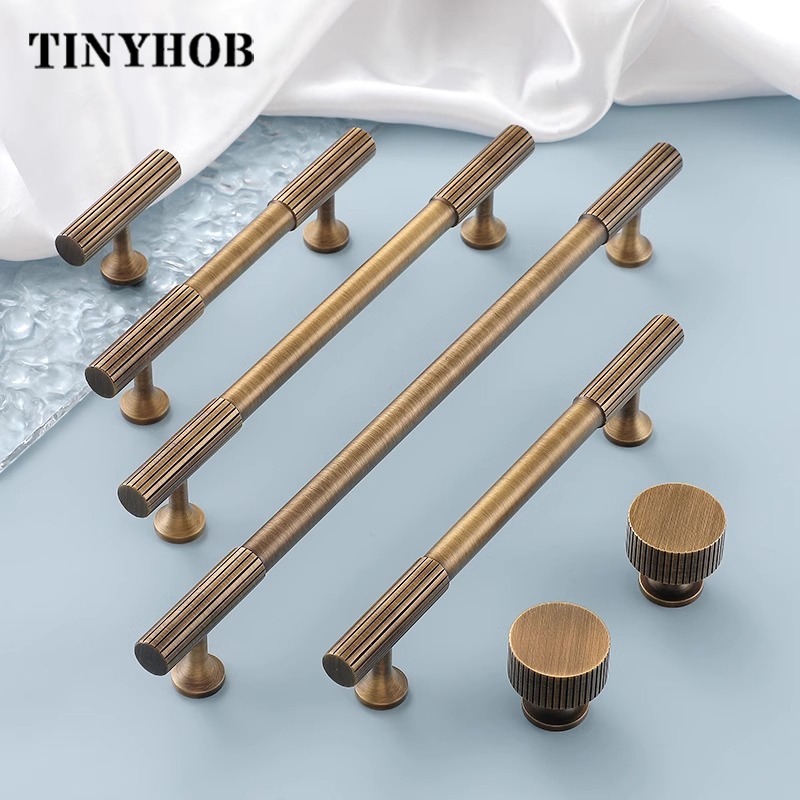 Antique Bronze Brass Cabinet Handle and Knob Linear Knurled Solid Brass Drawer Knobs T Bar Bedroom K