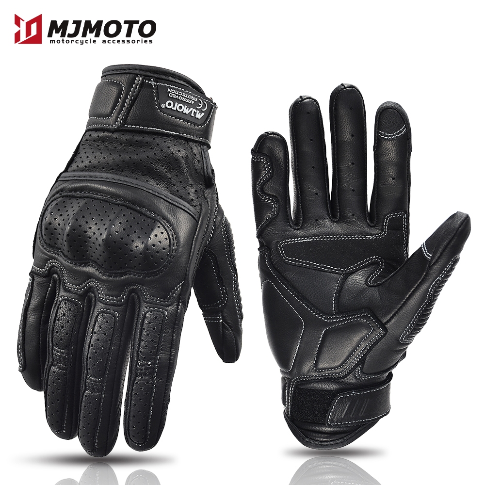 Mjmoto ถุงมือหนัง ระบายอากาศ สัมผัสหน้าจอได้ รับรอง CE สไตล์เรโทร สําหรับผู้ชาย เหมาะกับการขี่จักรยาน เล่นกีฬากลางแจ้ง