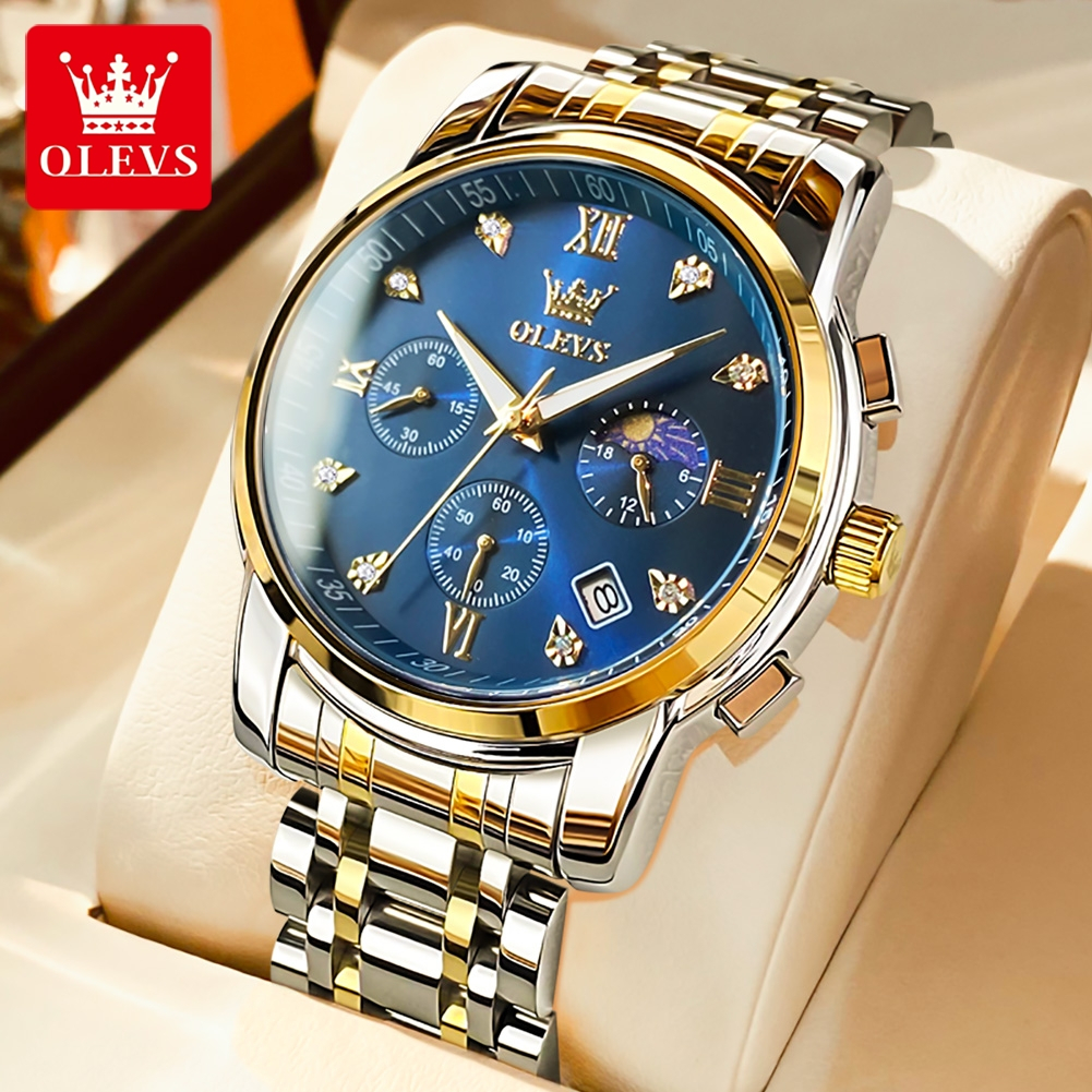 OLEVS นาฬิกา ผู้ชาย แฟชั่น watch 100% แท้ นาฬิกาข้อมือกันน้ำได้ ควอตซ์ สายสเตนเลส ทอง ธุรกิจ เพชร ส่องสว่าง ประณีต กันน้ำ 2858-L