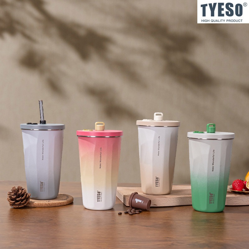 Tyeso ของแท้ แก้วเก็บอุณหภูมิ 600 มล สีทูโทน แก้วกาแฟ พร้อมหลอด+แปรง แก้วน้ํา สเตนเลส 304 ส่งจากกรุงเทพ