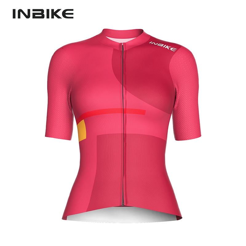 INBIKE ผู้หญิงขี่จักรยานแขนสั้น, เสื้อยืดปั่นจักรยานกลางแจ้ง, ซิปเต็ม, มีกระเป๋า, ระบายอากาศ, จักรยานเสือหมอบ, เสื้อปั่นจักรยาน