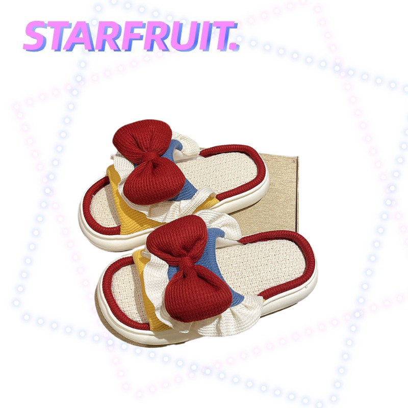 STARFRUIT รองเท้าแตะ ผ้าลินิน แบบบาง กันลื่น เหมาะกับใส่กลางแจ้ง สไตล์เจ้าหญิง สําหรับผู้หญิง รองเท้าแตะผ้าลินินพิมพ์ลายการ์ตูนเจ้าหญิงตกแต่งด้วยโบว์