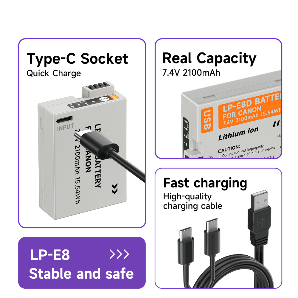 Palo แบตเตอรี่กล้อง LP-E8 2100mAh Type-C พร้อมไฟแสดงสถานะ สําหรับ Canon EOS 550D 600D 650D 700D