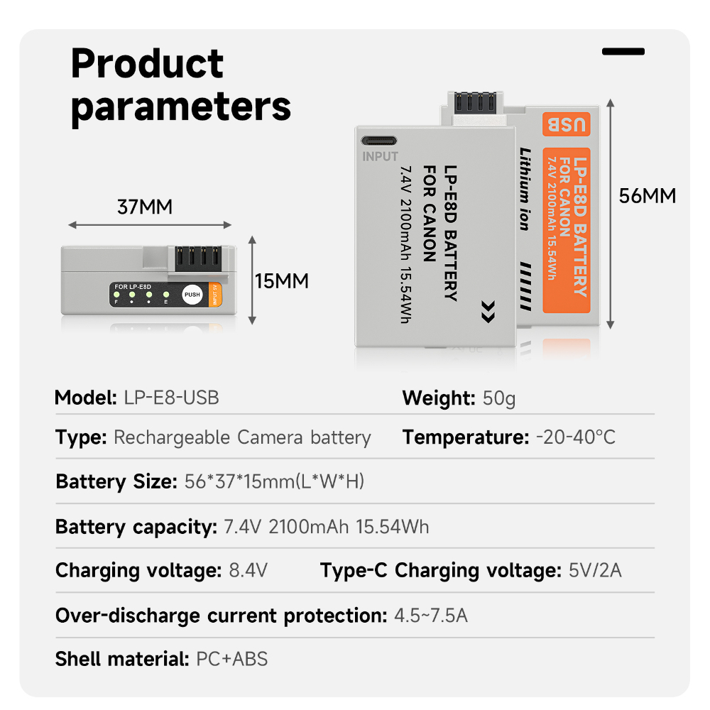 Palo แบตเตอรี่กล้อง LP-E8 2100mAh Type-C พร้อมไฟแสดงสถานะ สําหรับ Canon EOS 550D 600D 650D 700D
