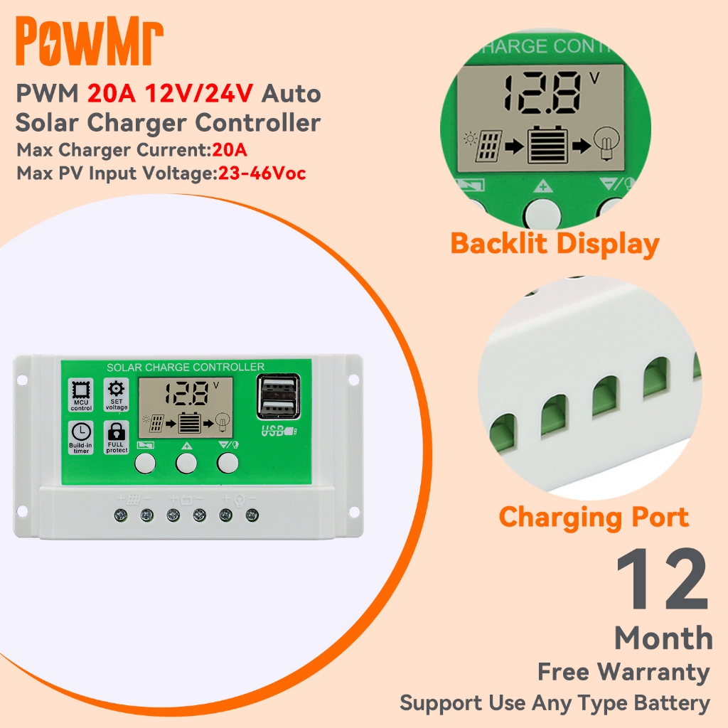Powmr แผงควบคุมการเก็บประจุพลังงานแสงอาทิตย์ 20ASolar 12V 24V แบตเตอรี่ลิเธียมอัตโนมัติ พร้อมหน้าจอ LCD Dual USB 5V