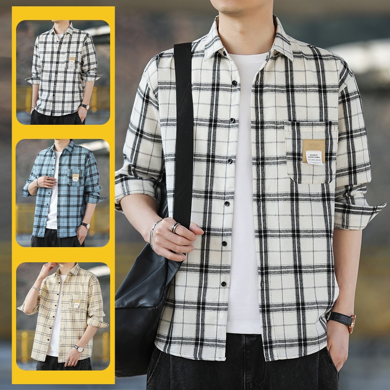 เสื้อเชิ้ตแขนยาว ลายสก๊อต สไตล์เกาหลี แฟชั่นสําหรับผู้ชาย ไซซ์ M - 4XL 2024