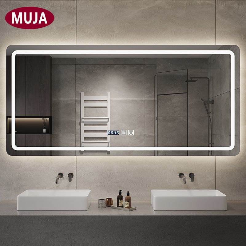 [MUJA] กระจกห้องน้ำแบบสแควร์ กระจกห้องน้ำ การควบคุมแบบสัมผัสสามสี, ไฟ LED กำจัดหมอก, ฟังก์ชั่นแสดงเวลาและอุณหภูมิ