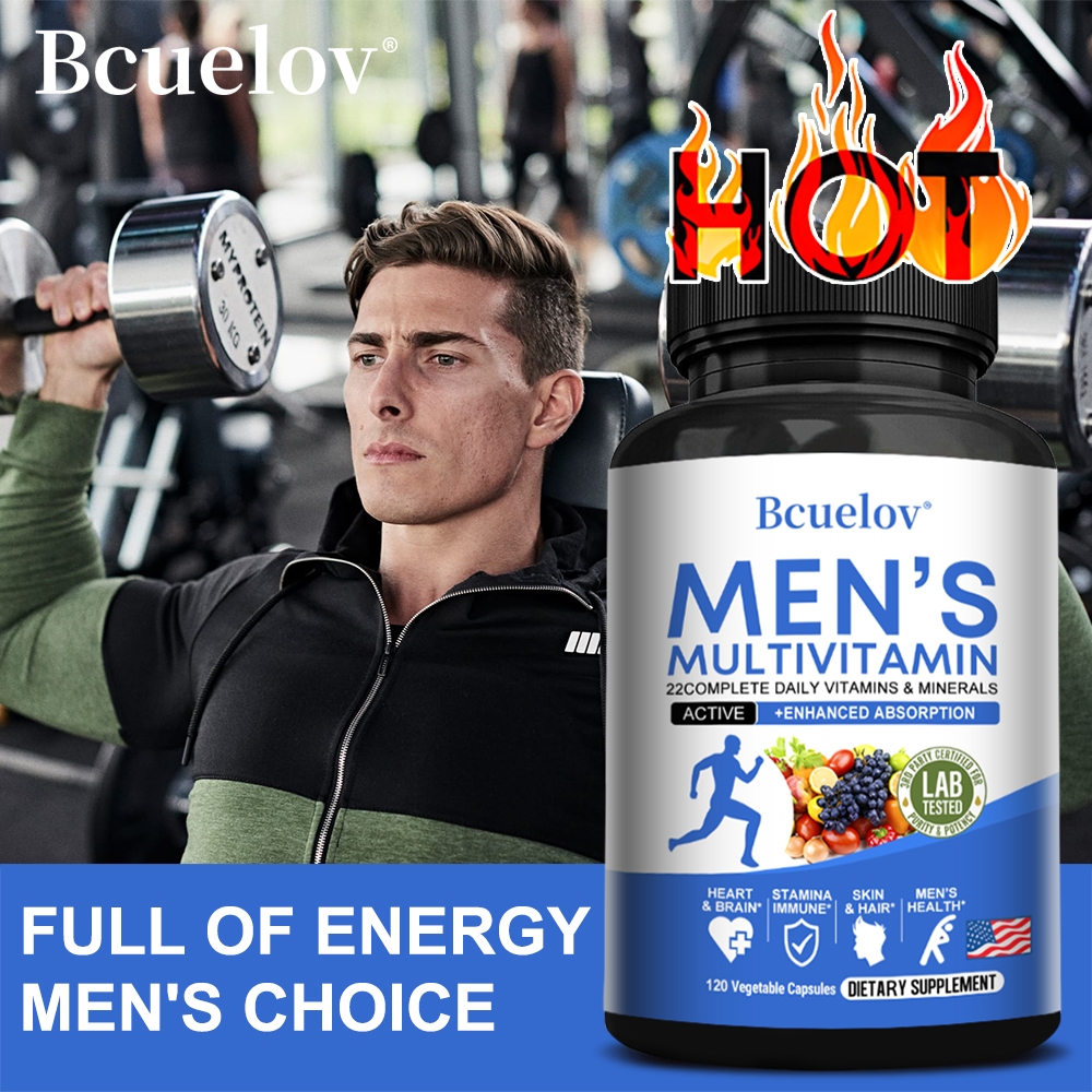 Bcuelov Men One Daily Multivitamin - Immune Support - การเผาผลาญพลังงาน - สุขภาพกล้ามเนื้อและกระดูก - 120 แคปซูล