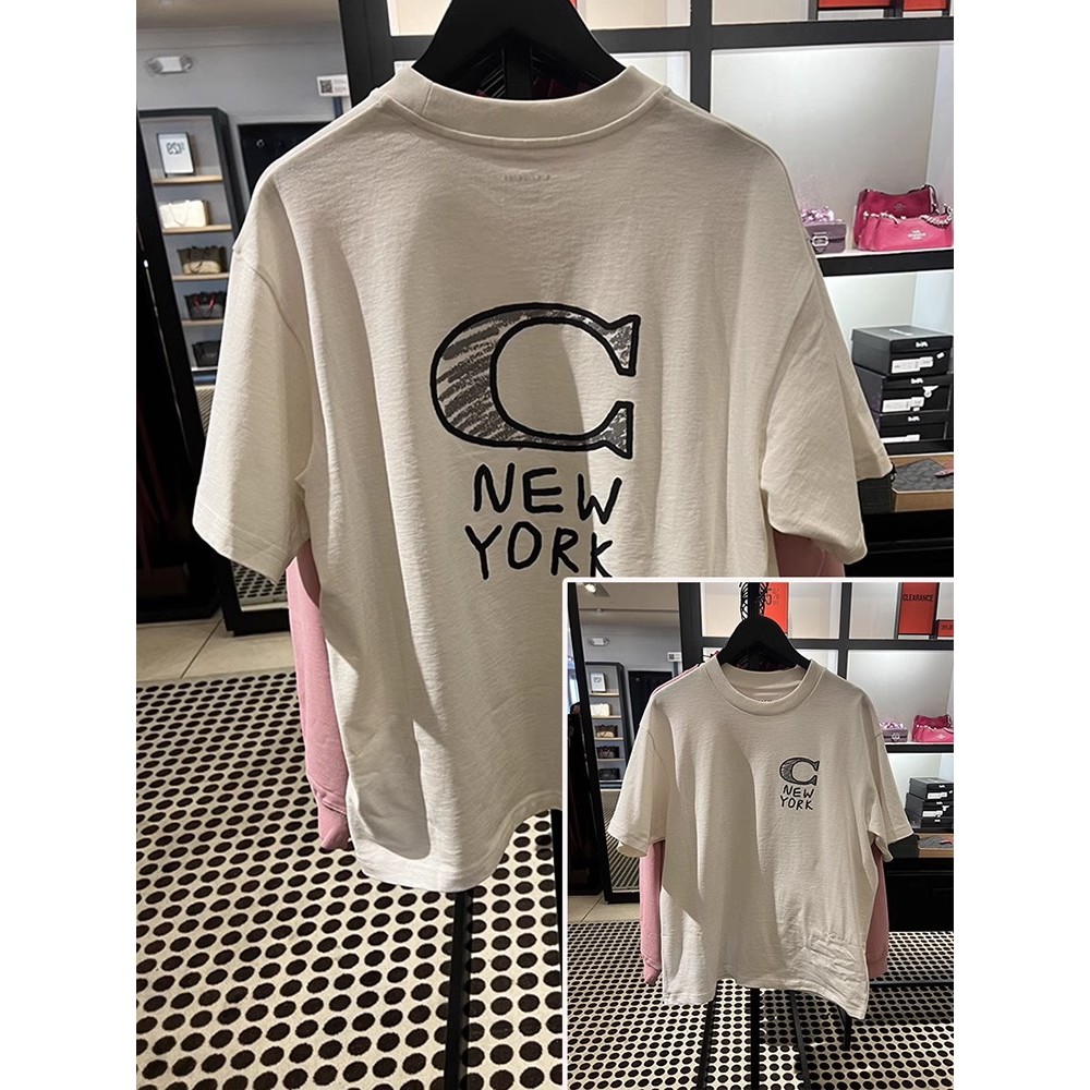 Coach Womens Pure Cotton Casual New York Letter Printing Round Neck Short Sleeved T-shirt for Men and Women