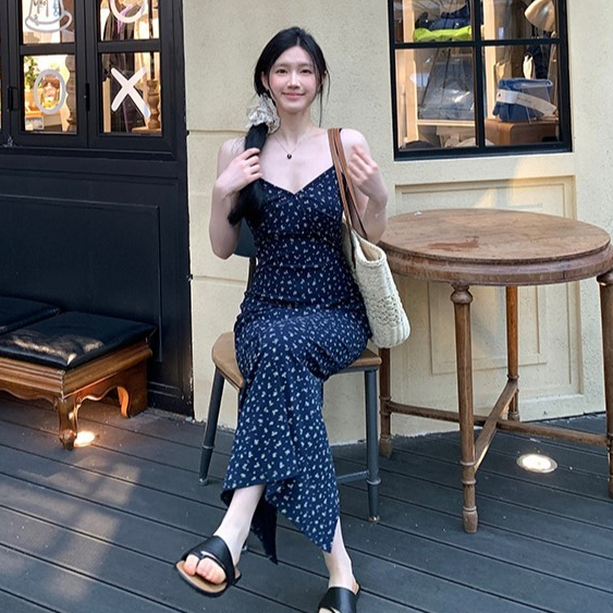 กระโปรงยาว แขนกุด เข้ารูป เอวแคบ ลายดอกไม้ สไตล์ฝรั่งเศส เหมาะกับวันหยุดริมทะเล สําหรับผู้หญิง