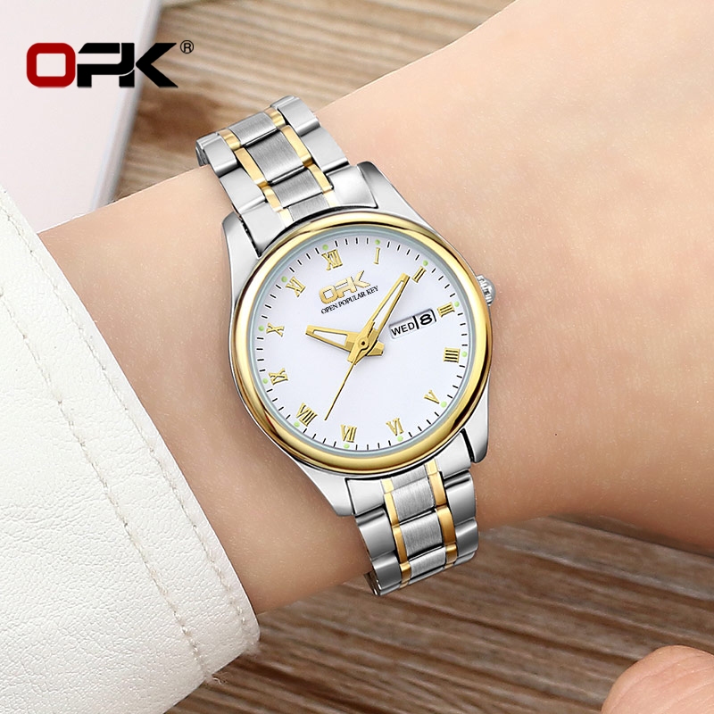 OPK นาฬิกา ข้อมือ ผู้หญิง แฟชั่น watch 100% นาฬิกาข้อมือกันน้ำได้ หญิง สายสเตนเลส ธุรกิจ เพชร ส่องสว่าง ประณีต กันน้ำ 8121-LJB