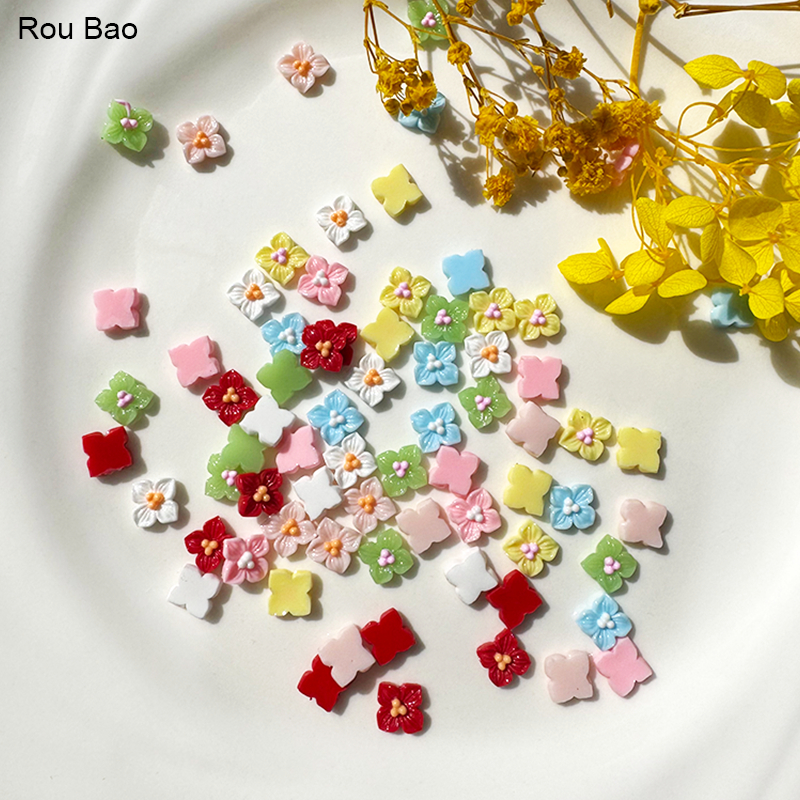 Rou Bao อุปกรณ์ตกแต่งเล็บเรซิ่น รูปดอกไม้น่ารัก คละสี สําหรับตกแต่งเล็บ DIY 50 ชิ้น