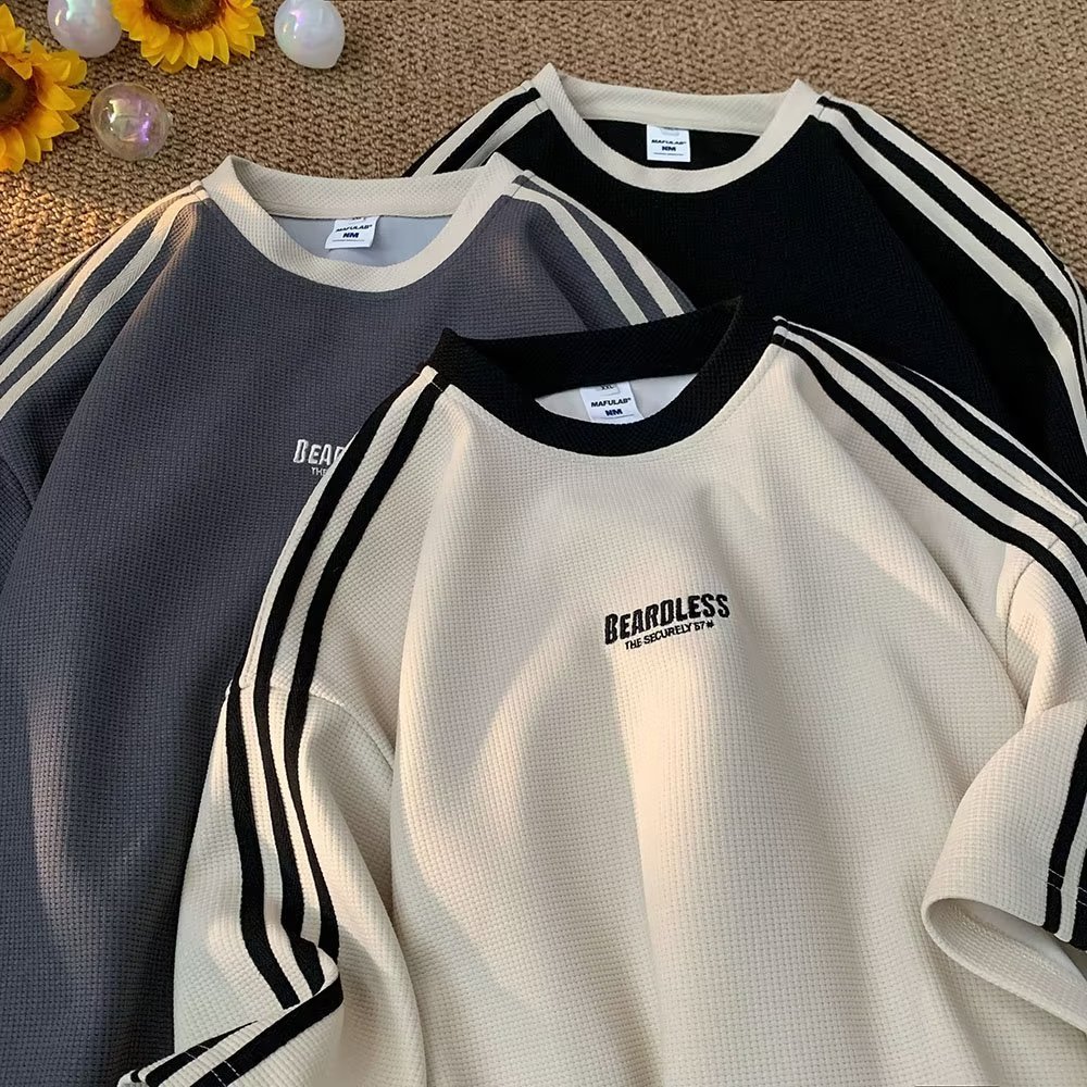 พร้อมส่ง COD เสื้อยืดเกาหลีผู้ชาย oversize แขนสั้น คอกลม พิมพ์ลายวาฟเฟิล ลายทาง เสื้อยืดลำลอง ทรงหลวม ขนาดใหญ่ เสื้อผ้าแฟชั่นวัยรุ่น