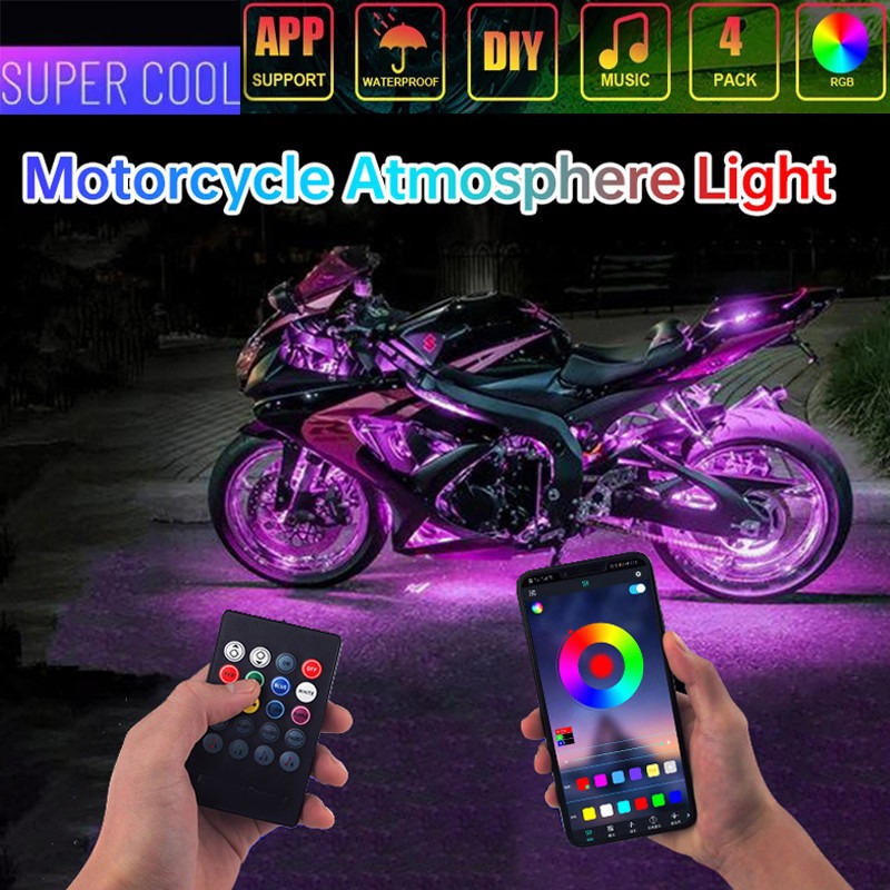 Rgb APP LED รถจักรยานยนต์ รถยนต์ บรรยากาศเท้า ไฟรีโมทคอนโทรล ยืดหยุ่น กันน้ํา ควบคุมเสียง 12V แถบโคมไฟตกแต่ง Moto