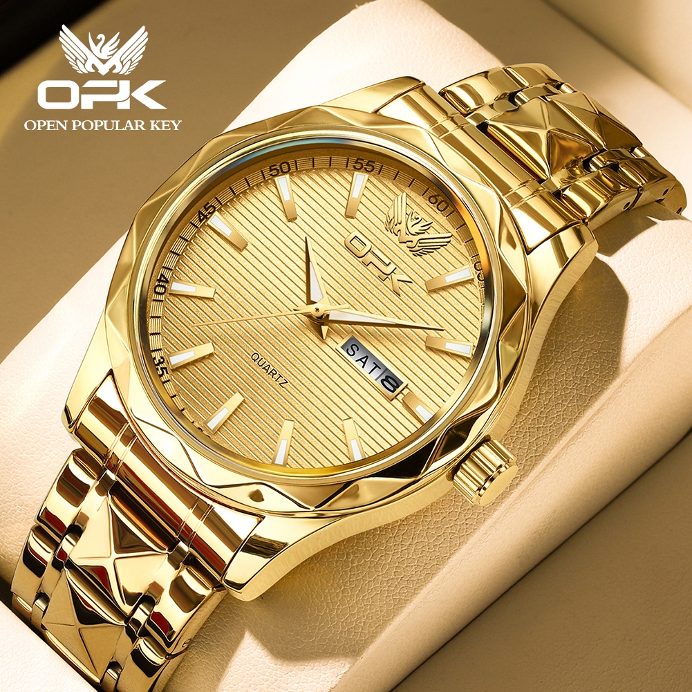OPK นาฬิกา ผู้ชาย แฟชั่น watch 100% แท้ นาฬิกาข้อมือกันน้ำได้ ควอตซ์ สายสเตนเลส เพชร ทอง ธุรกิจ กันน้ำ ส่องสว่าง 8164-J