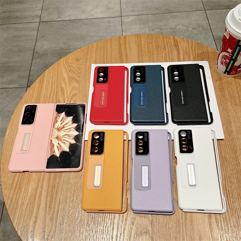Metal Hidden Bracket Fold PU Leather Back Phone Case For Honor Magic Vs2 Magic V Magic V2 VS Metal H