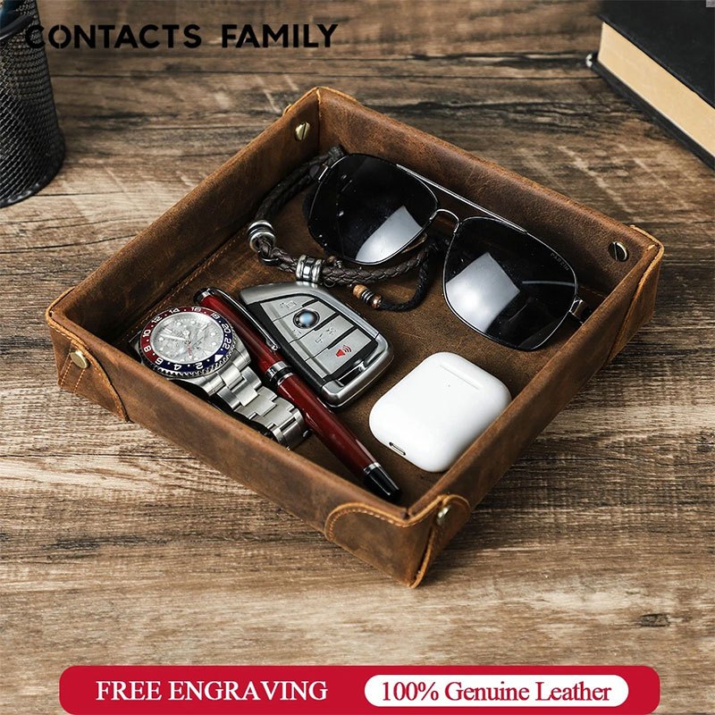 CONTACTS FAMILY ถาดหนังแท้ สไตล์เรโทร สําหรับใส่เครื่องประดับ กุญแจ เหรียญ สายเคเบิ้ล เครื่องสําอาง ตกแต่งบ้าน