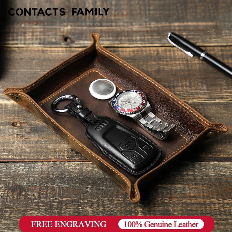 CONTACTS FAMILY ถาดหนังวัวแท้ แบบพับได้ สําหรับใส่เครื่องประดับ กุญแจ ลูกเต๋า เหรียญ ลูกเต๋า