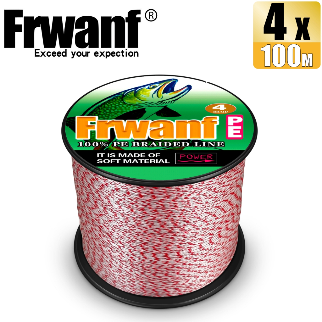 Frwanf 4 Strands 100M สายตกปลาถักที่ทนทานที่ทรงพลังเป็นพิเศษสาย PE สีสีแดง + สายจุดสีขาว