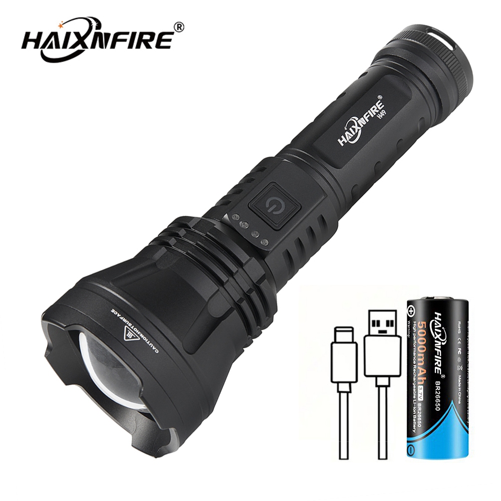 Haixnfire H49 ไฟฉาย LED ซูมได้ 6000 ลูเมน ชาร์จ USB สําหรับตั้งแคมป์กลางแจ้ง