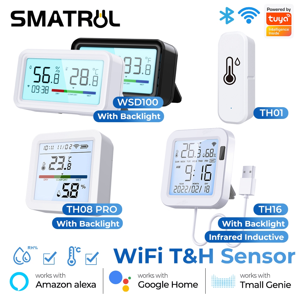 Smatrul Tuya Wifi อุณหภูมิความชื้นเซ็นเซอร์หน้าจอกระจก LED แสดงผลดิจิตอลในร่มเคร