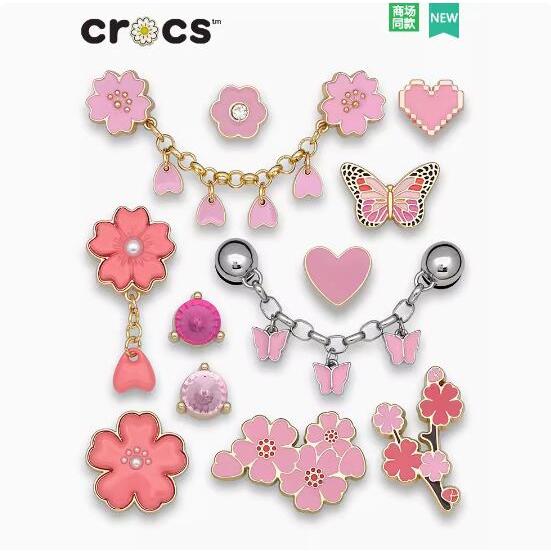 ใหม่ ตัวติดรองเท้า crocs แต่งรูกลวง โลหะ ลายดอกไม้ สีชมพู DIY 2024