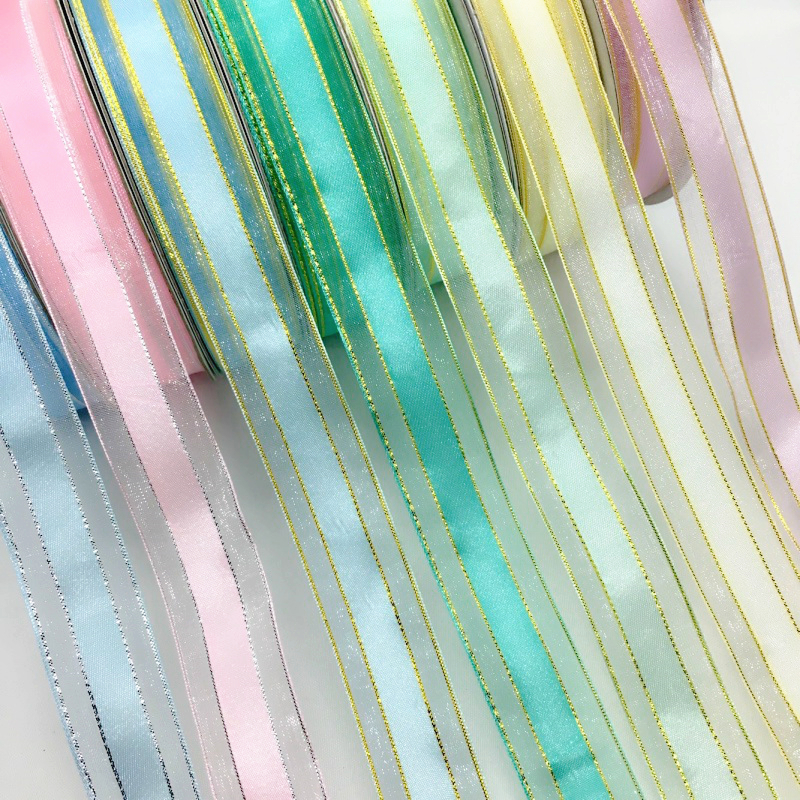 1.8 ซม.-2.2 ซม. 9 เมตร Gold Silver Lurex Edge Organza ซาตินริบบิ้นสําหรับทําด้วยมือ DIY Craft ของขวัญดอกไม้เค้กบรรจุงานแต่งงานคริสต์มาสอีสเตอร์ตกแต่ง