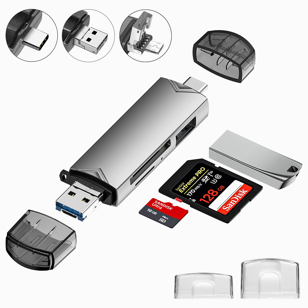 6 in 1 SD TF Card Reader เครื่องอ่านการ์ดหน่วยความจำความเร็วสูง Adapter Type C USB 3.0 OTG Card Reader