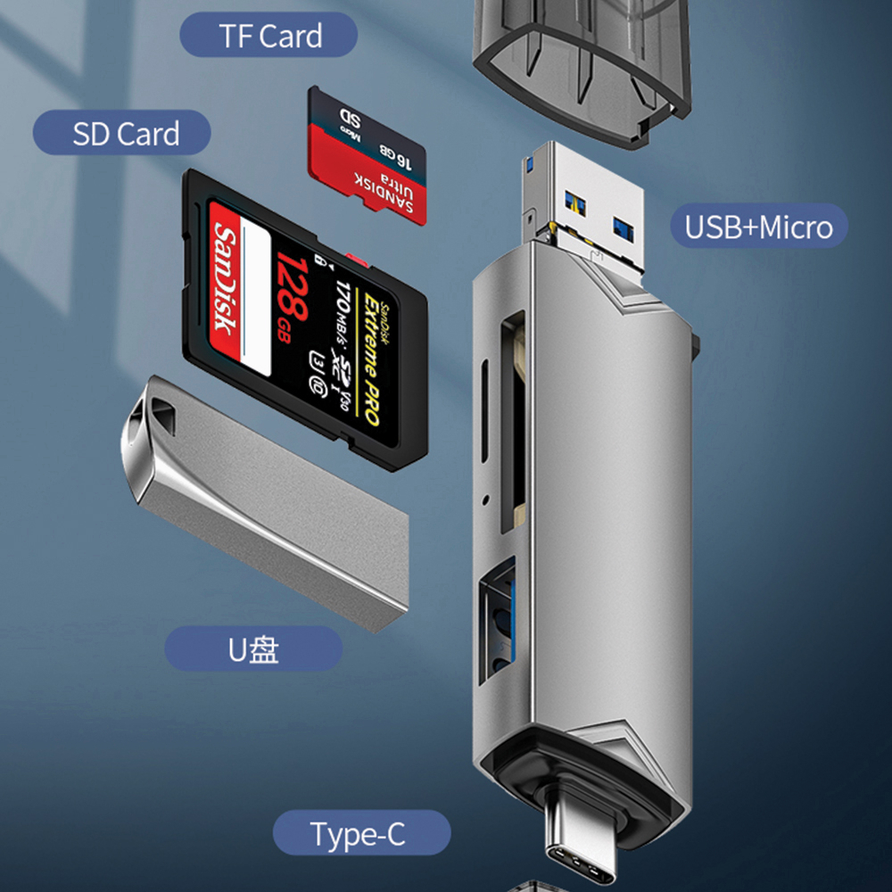 6 in 1 SD TF Card Reader เครื่องอ่านการ์ดหน่วยความจำความเร็วสูง Adapter Type C USB 3.0 OTG Card Reader