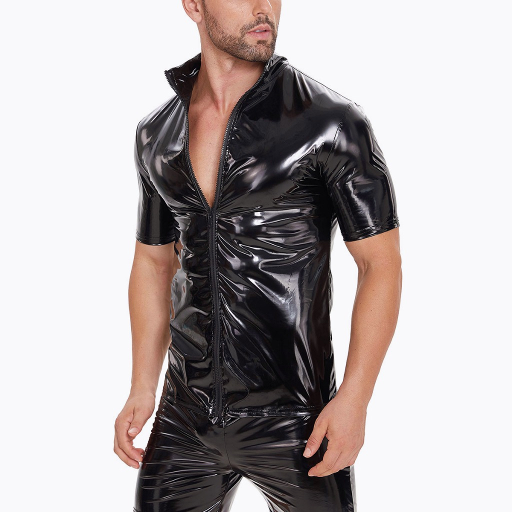 เสื้อเชิ้ตหนัง PVC แขนสั้น มีซิป แวววาว พลัสไซซ์ สําหรับผู้ชาย【Sexybuyer-00251】