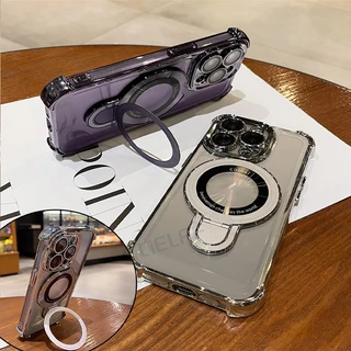 ขาตั้งแม่เหล็กสําหรับiPhone 17 16 15 Pro Max Air 14 13 12 Pro Max Clearปลอกกันกระแทกป้องกันกล้องพร้อมเลนส์ฟิล์มแก้วXs Max XR Hard Cover