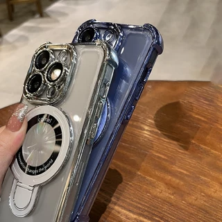 ขาตั้งแม่เหล็กสําหรับiPhone 17 16 15 Pro Max Air 14 13 12 Pro Max Clearปลอกกันกระแทกป้องกันกล้องพร้อมเลนส์ฟิล์มแก้วXs Max XR Hard Cover