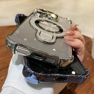 ขาตั้งแม่เหล็กสําหรับiPhone 17 16 15 Pro Max Air 14 13 12 Pro Max Clearปลอกกันกระแทกป้องกันกล้องพร้อมเลนส์ฟิล์มแก้วXs Max XR Hard Cover