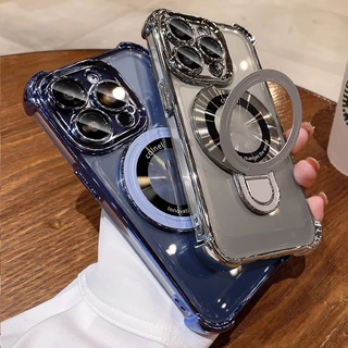 ขาตั้งแม่เหล็กสําหรับiPhone 17 16 15 Pro Max Air 14 13 12 Pro Max Clearปลอกกันกระแทกป้องกันกล้องพร้อมเลนส์ฟิล์มแก้วXs Max XR Hard Cover