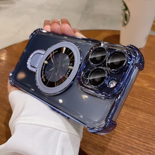 ขาตั้งแม่เหล็กสําหรับiPhone 17 16 15 Pro Max Air 14 13 12 Pro Max Clearปลอกกันกระแทกป้องกันกล้องพร้อมเลนส์ฟิล์มแก้วXs Max XR Hard Cover