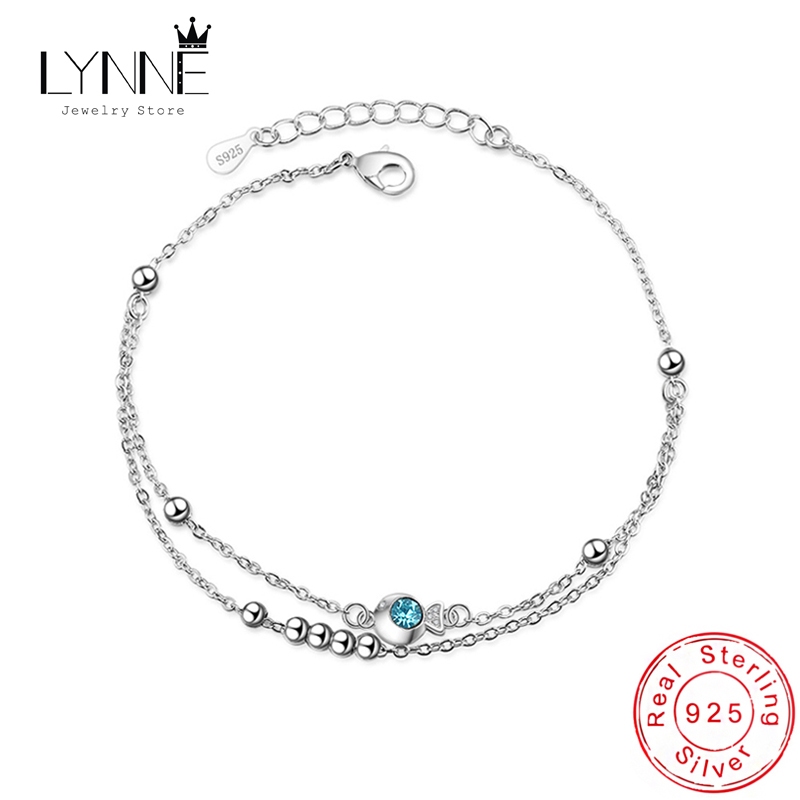 Lynne สร้อยข้อเท้า เงินแท้ 925 จี้ลูกปัดปลา สองชั้น ประดับพลอยเทียม สีฟ้า เซ็กซี่ เครื่องประดับแฟชั่น สําหรับผู้หญิง