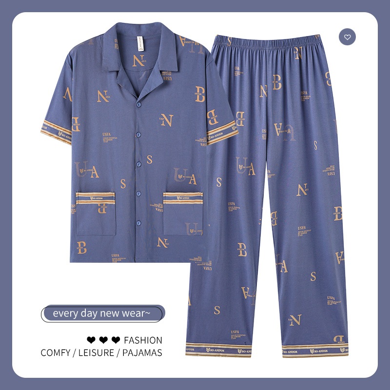 Pajamas Men, Thin Korean Shirt ชุดนอนขายาว Midnight Pants, Straight Legs Wide Legs Loose Ports Stretch Fabric Good Breathability Pajama Set