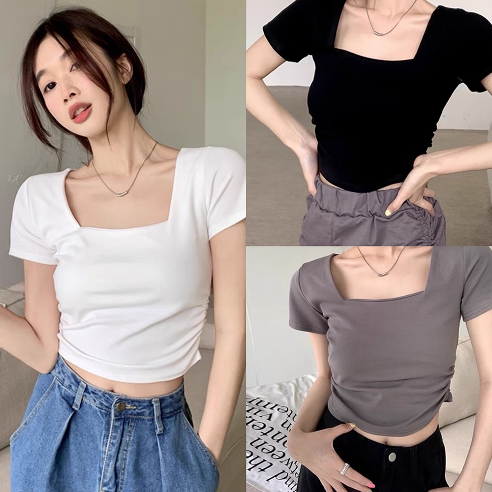 Hotgirl  พร้อมส่งจากกทม ✨เสื้อยืดแขนสั้นผู้หญิงสีขาว คอเหลี่ยมย้อนยุค สีทึบ ทรงเข้ารูปสไตล์เกาหลี