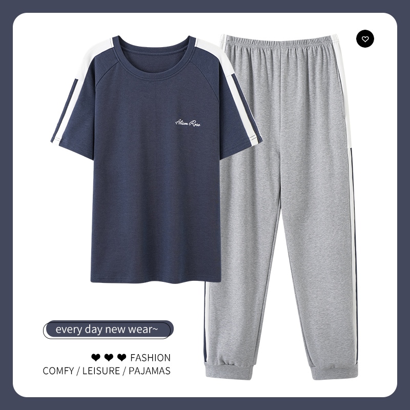 Men Clothes Long Pants + Short sleeved Shirt, Pajama Set, Men Pajamas Pants Elastic Fabric, Good Breathability, Loose Pants