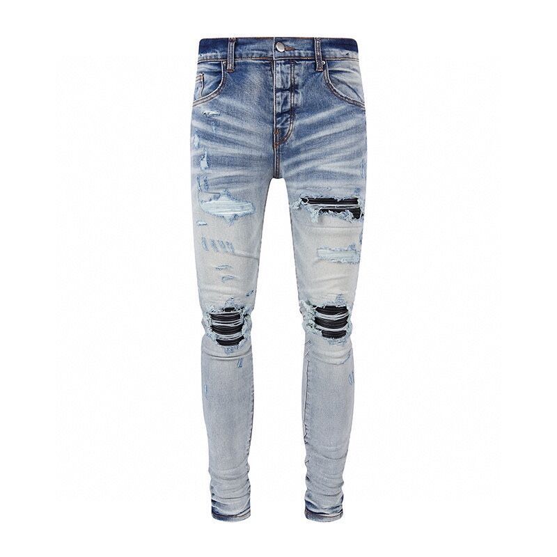 Amiri High Street แฟชั่นผู้ชายกางเกงยีนส์วินเทจสีน้ำเงินผอมหนังแพทช์ออกแบบปุ่มคุณภาพดีสไตล์ฮิปฮอปกางเกงยีนส์ผู้ชาย