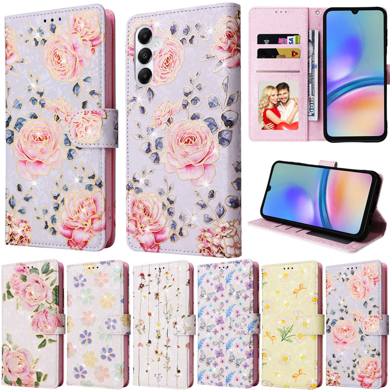 SAMSUNG หรูหราสําหรับsamsung Galaxy A56 5G A26 A36 A16 A06 S25 Ultra A55 A35 A15 A25 5G S24 Ultra A04s S24 Plus M13 5G S24 FE M13 4Gหนังดอกไม้กระเป๋าสตางค์