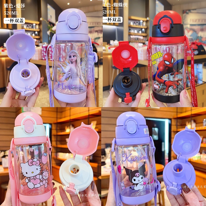 ✅พร้อมส่งในไทย✅ ขวดน้ําพลาสติก แบบพกพา Disney แมงมุม พร้อมหลอดดูดน้ํา ใช้ได้สองแบบ เหมาะกับฤดูร้อน สําหรับเด็กนักเรียน，ลายการ์ตูนดิสนีย์ sanrio/KT/ELSA/LOTSO