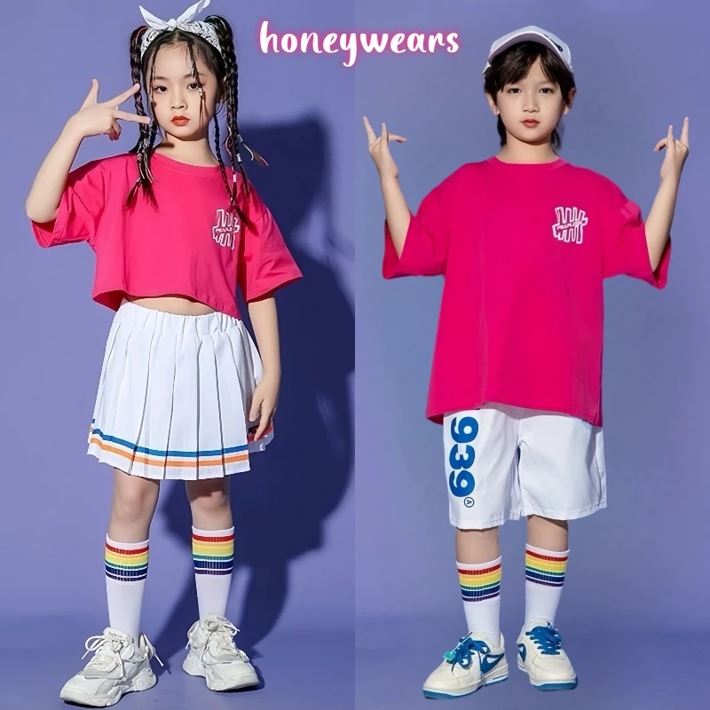 honeywears⚡️พร้อมส่ง⚡️ชุดเต้นรำเด็ก การแสดง สไตล์เกาหลี เสื้อสำหรับนักเรียน 2ชิ้น สีสดใสใส่สบาย ฤดูร้อน
