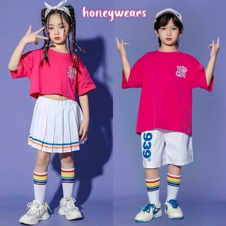 honeywears⚡️พร้อมส่ง⚡️ชุดเต้นรำเด็ก การแสดง สไตล์เกาหลี เสื้อสำหรับนักเรียน 2ชิ้น สีสดใสใส่สบาย ฤดูร้อน