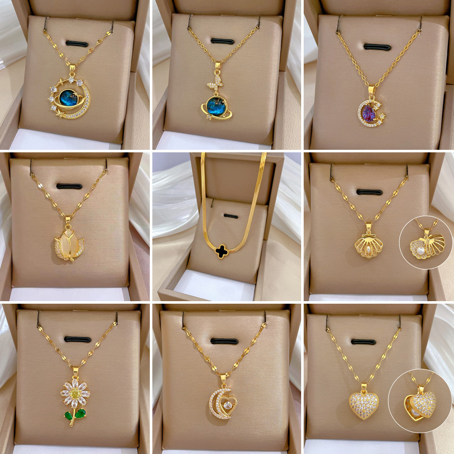 สร้อยคอสเตนเลส ทอง 18K จี้ใบโคลเวอร์สี่แฉก ไม่จางหาย สําหรับผู้หญิง