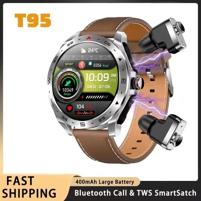 ใหม่ T95 สมาร์ทวอทช์ 2 in 1 พร้อมเอียร์บัด HIFI วัดอัตราการเต้นของหัวใจ พร้อมลําโพง ติดตามการเล่นกีฬ