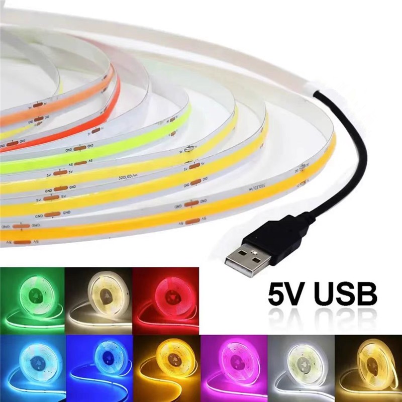 Angelila DC 5V USB COB LED Strip Light 320Leds/M Warm White/Nature White/Pure White/Red/Green/Blue/Pink/Yellow/Ice Blue ยืดหยุ่นริบบิ้นเชือกโคมไฟกลางคืนทีวีห้อง LED Strip